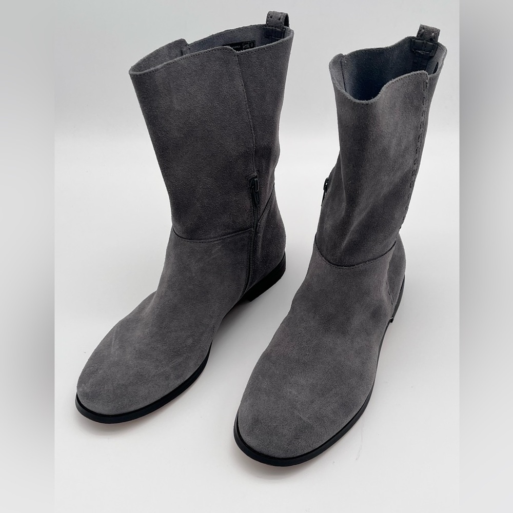Lands’ End Women’s Suede Mid-Calf Boots Gray Pull-On Classic Soft Leather 10
